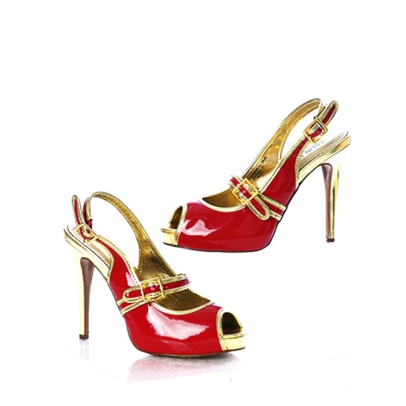 Colin Stuart Shoes - Stiletto Red Gold Heels Open Toe Sling Back Sz. 7